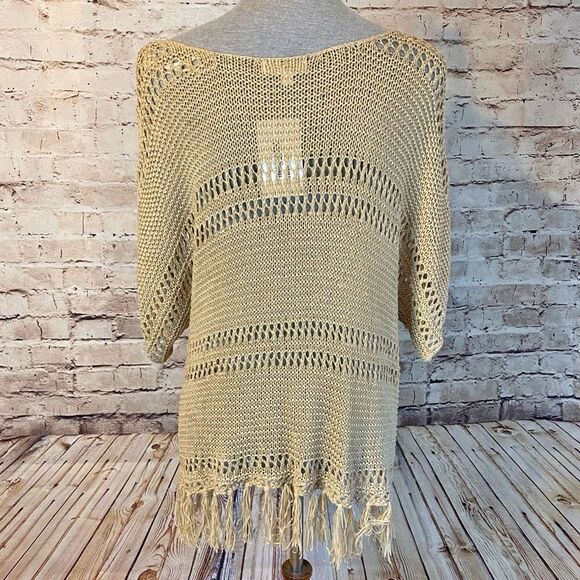 ee:some Womens Open Knit Top Fringe Acrylic Blend Short Sleeve Tan Taupe Medium - Picture 5 of 8